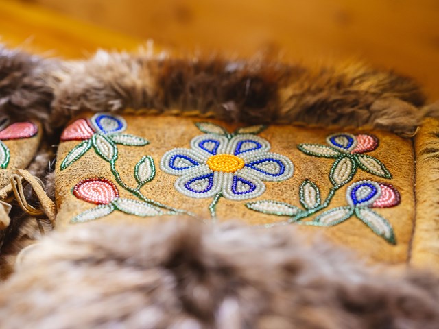 Beaded beaver hide mitts, from our Indigenous beadwork collection collection
